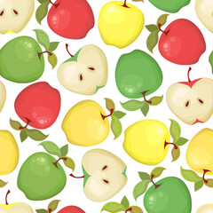 Seamless vector pattern with colorful apples isolated on white background. Natural fresh fruits concept illustration for farmers market, eco food, advertising and packaging