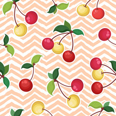 Seamless vector pattern with colorful cherries isolated on geometrical background. Natural fresh berries concept illustration for farmers market, eco food, advertising and packaging