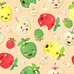 Seamless vector pattern with colorful cute apple characters isolated on light background. Fruits concept design for print, fabric, wallpaper, card