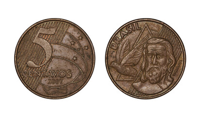 Five cents brazilian real coin, front and back faces