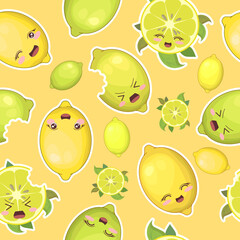 Seamless vector pattern with colorful cute lemon and lime characters isolated on light background. Fruits concept design for print, fabric, wallpaper, card