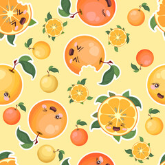 Seamless vector pattern with colorful cute orange characters isolated on light background. Fruits concept design for print, fabric, wallpaper, card