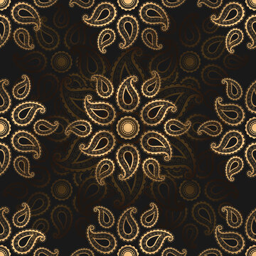 Seamless vector pattern with gold ornamental mandala elements on dark background. luxury design for wedding and greeting card, brochure, cover, wallpaper, flyer, fabric