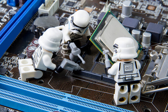 Nonthabure, Thailand - May, 05, 2016: Lego star wars repairing computer motherboard.The lego Star Wars mini figures from movie series.Lego is an interlocking brick system collected around the world.