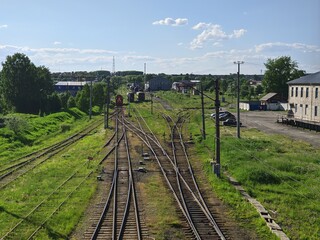 Fototapeta na wymiar Interlocking several railway tracks at a marshalling yard