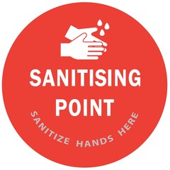 Social distancing concept for preventing coronavirus covid-19 with wash hands icon and wording sanitising point in white color on red background