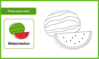 Drawing and vocabulary worksheet, Trace and colour : Watermelon