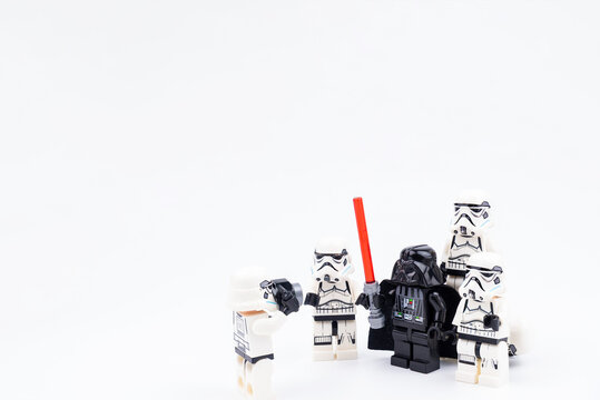 Nonthabure, Thailand - March, 23, 2018 : Lego star wars Take a photo family photo on vacation day isolated on white background.Nonthabure, Thailand