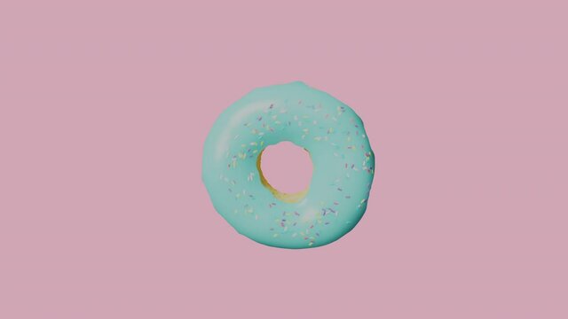 Rotating blue donut on pink background for any purposes. National Donut Day. Doughnut 3d model. Sweet junk food.