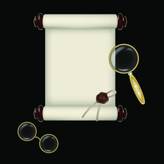 Vector illustration of ancient scroll vintage paper rolled into a roll with a magnifying glass and glasses pince-nez