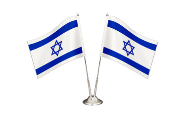 İsrael table flag isolated on white ground. Two flag poles with flags and İsrael flag on the table.