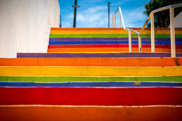 Colorful stairs painted with the colors of the rainbow