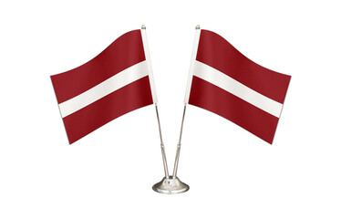 Latvia  table flag isolated on white ground. Two flag poles with flags and Latvia flag on the table.