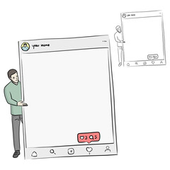 man holding blank sign with social media interface vector illustration sketch doodle hand drawn with black lines isolated on white background