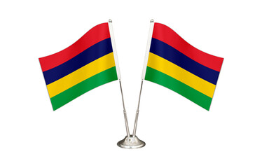 Mauritius table flag isolated on white ground. Two flag poles with flags and Mauritius flag on the table.