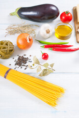 mediterranean food ingredients on white wood table