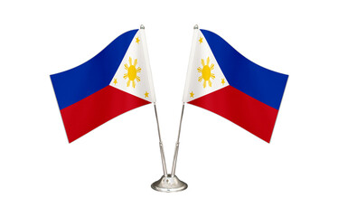 Philippines table flag isolated on white ground. Two flag poles with flags and Philippines flag on the table.