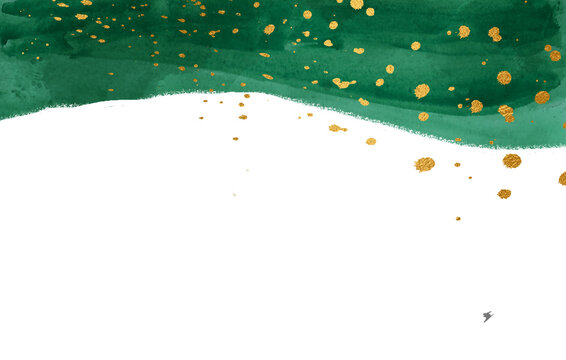 Emerald Green And Gold Abstract Watercolor Banner( Top Of The Page) With Copy Space.