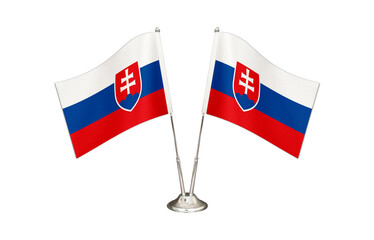Slovakia table flag isolated on white ground. Two flag poles with flags and Slovakia  flag on the table.