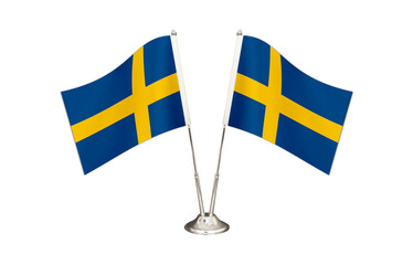 Sweden table flag isolated on white ground. Two flag poles with flags and Sweden flag on the table.