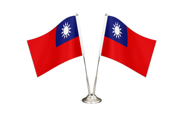 Taiwan table flag isolated on white ground. Two flag poles with flags and Taiwan flag on the table.