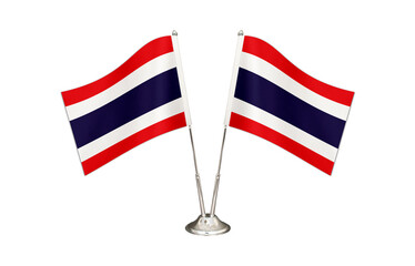 Thailand table flag isolated on white ground. Two flag poles with flags and Thailand flag on the table.