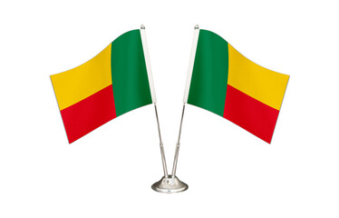 Benin table flag isolated on white ground. Two flag poles with flags and Benin flag on the table.