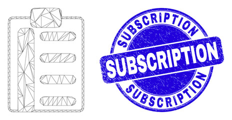 Web mesh pad list items icon and Subscription seal. Blue vector round grunge seal with Subscription caption. Abstract frame mesh polygonal model created from pad list items icon.