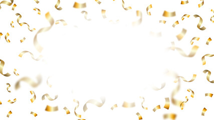 Background of flying gold ribbons of different shapes and sizes on a white background with copy space. Christmas and New Year