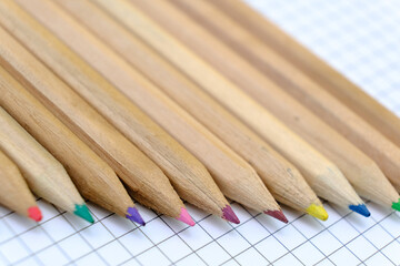 Obraz premium Closeup set of multicolored pencils on the checkered paper sheet of notebook for the drawing. Back to school concept.