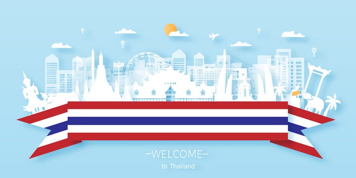 Thailand Travel postcard, poster, tour advertising of world famous landmarks. Vectors illustrations