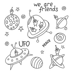 Set of outline cute funny Aliens in Flying Saucers, UFO, standing on planets. Contour simple vector illustration, icon. Black and white Doodle