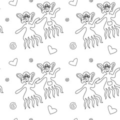 Obraz premium Vector color seamless childish pattern with cute outline monsters aliens, space doodles, lettering. Baby background perfect for fabric, wrapping, wallpaper, textile, apparel, cover, coloring book