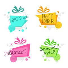 sticker promotion for sale. colorful logo price tag modern cart design. text background. vector illustration