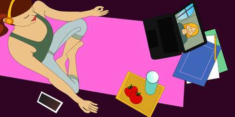 Woman relaxing and meditating on a yoga mat, healthy lifestyle, quarantine at home, listening to music, cell, watching video, laptop, internet, top and close up view, flat style vector illustration