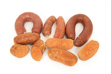 Different kinds of sausage sucuk (sujuk)  on a white background.