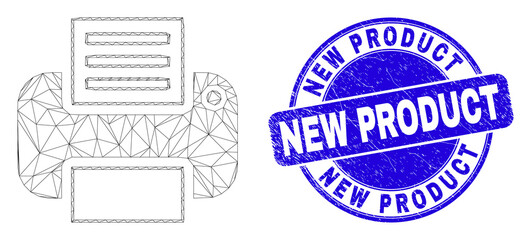 Web carcass printer icon and New Product seal stamp. Blue vector rounded textured seal stamp with New Product caption. Abstract carcass mesh polygonal model created from printer icon. - obrazy, fototapety, plakaty