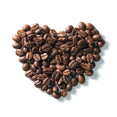 Love sign with coffee beans arranged Heart shape over white background.