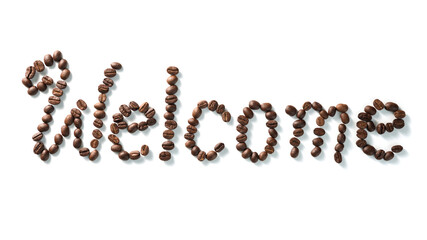 Text made of coffee beans, isolated on white. text the word Welcome made of coffee beans. font