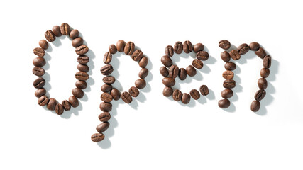 coffee bean lettering close-up top view on white background. brown arabica coffee beans