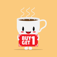 cup of coffee cartoon character show promotion sign with lettering 
