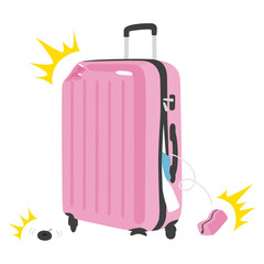 空港で預けたスーツケースが壊れてしまったイラスト。