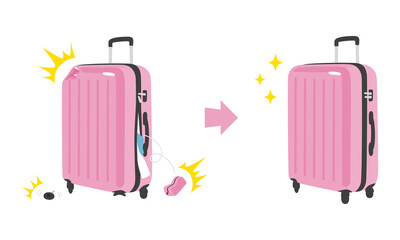 空港で破損したスーツケースをショップで直してもらったイラスト。