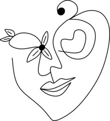 illustration in line art style, continuous line, woman in profile smiling, flowers in hair, vector illustration