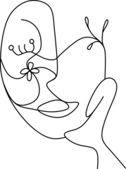 girl in a hat, illustration in line art style, continuous line, woman with hand on chin, modern love seat, stylized design, vector illustration