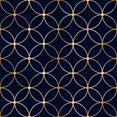 Fototapeta premium Seamless abstract geometric pattern with gold lines and segments circles on blue background