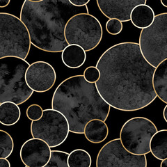 Seamless abstract geometric pattern with gold lines and gray watercolor circles on black background