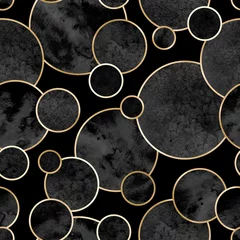 Wall murals Bedroom Seamless abstract geometric pattern with gold lines and gray watercolor circles on black background