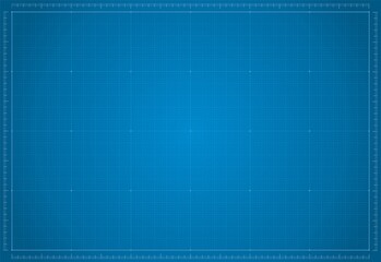 Blueprint paper. Blank blue sheet of paper with grid. Vector blueprint background template for engineering design drawing. Empty print pattern with lines