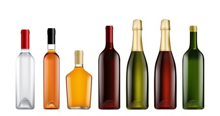 Glass bottle mockup set. Isolated realistic blank alcohol beverage bottle template icons. Full brandy, whiskey, wine, vodka, cognac, champagne alcoholic drink glass bottle mockup collection